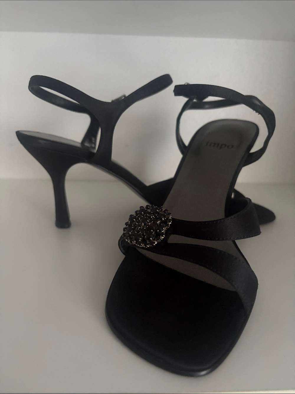Impo Black Satin Ankle-Strap Heels with Gem Accent
